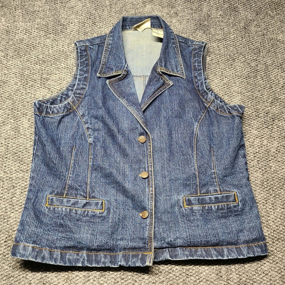 Vintage Bill Blass Blue Denim Button Front Sleeveless Jean Jacket Womens XL